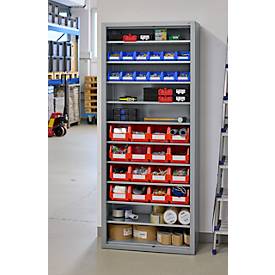Magazinregal C+P Serie 13, mit 28 Sichtlagerkästen SSI Schäfer Serie PROFI LF 211/221, 10 Fachböden, abschließbar, B 700 x T 300 x H 1690 mm, Stahl, weißaluminium RAL 9006