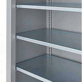 Magazinregal C+P Serie 13, mit 28 Sichtlagerkästen SSI Schäfer Serie PROFI LF 211/221, 10 Fachböden, abschließbar, B 700 x T 300 x H 1690 mm, Stahl, weißaluminium RAL 9006
