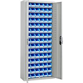 Magazinschrank, 1690 mm hoch, 14 Böden, 90 Sichtlagerkästen SSI Schäfer Serie PROFI LF 211, mit Türen, lichtgrau