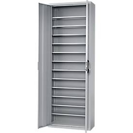 Magazinschrank, 1980 mm hoch, 12 Böden, ohne Kästen, mit Türen, hellsilber