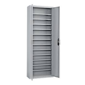 Magazinschrank, 1980 mm hoch, 15 Böden, 82 Kästen, mit Türen, hellsilber