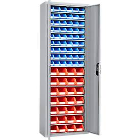Magazinschrank, 1980 mm hoch, 15 Böden, 82 Kästen, mit Türen, hellsilber