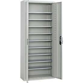 Magazinschrank, 1980 mm hoch, 15 Böden, ohne Kästen, mit Türen, lichtgrau