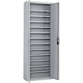Magazinschrank, 1980 mm hoch, 18 Böden, 114 Sichtlagerkästen SSI Schäfer Serie PROFI 211, mit Türen, hellsilber