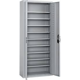 Magazinschrank C+P Serie 13, 10 Fachböden, abschließbar, B 700 x T 300 x H 1690 mm, Stahl, lichtgrau RAL 7035