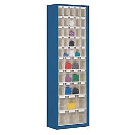 Magazinschrank, Volumen 333 l, 43 herausnehmbare Klappkästen mit Griffmulde, B 665 x T 250 x H 2000 mm, enzianblau/transparent