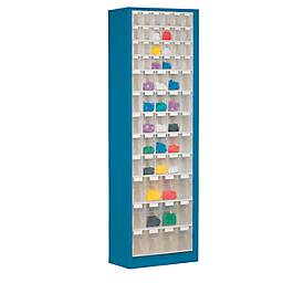 Magazinschrank, Volumen 333 l, 61 herausnehmbare Klappkästen mit Griffmulde, B 665 x T 250 x H 2000 mm, enzianblau/transparent