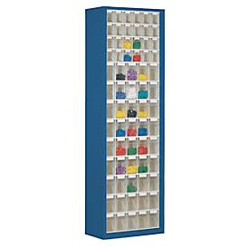 Magazinschrank, Volumen 333 l, 69 herausnehmbare Klappkästen mit Griffmulde, B 665 x T 250 x H 2000 mm, enzianblau/transparent