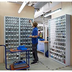 Magazinschrank, Volumen 333 l, 69 herausnehmbare Klappkästen mit Griffmulde, B 665 x T 250 x H 2000 mm, lichtgrau/transparent