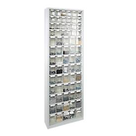 Magazinschrank, Volumen 333 l, 69 herausnehmbare Klappkästen mit Griffmulde, B 665 x T 250 x H 2000 mm, lichtgrau/transparent