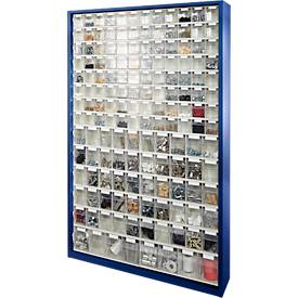 Magazinschrank, Volumen 635 l, 154 herausnehmb. Klappkästen m. Griffmulde, B 1270 x T 250 x H 2000 mm, e.blau/transparent