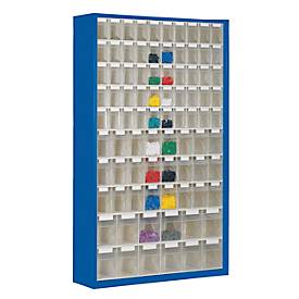 Magazinschrank, Volumen 635 l, 86 herausnehmbare Klappkästen m. Griffmulde, B 1270 x T 250 x H 2000 mm, e.blau/transp.
