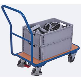 Magazinwagen, Stahl/MDF-Platte, Enzianblau/Buche-Dekor, L 890 x B 450 mm, mit Querrohr, TPE-Rollen mit EasySTOP, bis 200 kg