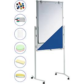 MAUL Moderationstafel Pro, Textil, blau/Whiteboard + Moderationskarten-Set mit 360 Karten und 200 Pin-Nadeln