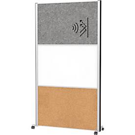 MAUL Stellwandsystem MAULconnecto, 1 x Akustikvlies dunkel, 1 x Whiteboard, 1 x Korkwand, auf Rollen, H 1800 x B 1000 mm