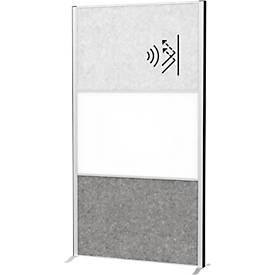 MAUL Stellwandsystem MAULconnecto, 1 x Akustikvlies hell, 1 x Akustikvlies dunkel, 1 x Whiteboard, Standfuß, auf Rollen, H 1800 x B 1000 mm, silber