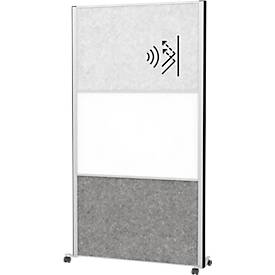 MAUL Stellwandsystem MAULconnecto, 1x Akustikvlies hell, 1x Akustikvlies dunkel, 1x Whiteboard, Klettverbindung, auf Rollen, H 1800 x B 1000 mm, silber