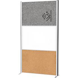 MAUL Stellwandsystem MAULconnecto, Steckmodule, 1x Whiteboard, 1x Akustikvlies, 1x Kork, Klettverbindung, H 1800 x B 1000 mm, silber
