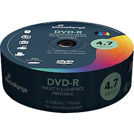 MediaRange DVD Rohlinge DVD-R MR407, 4,7 GB/120 min, 16-fache Schreibgeschwindigkeit, bedruckbar mit Inkjetdruckern, 25 Stück auf Spindel, weiß