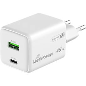 MediaRange Quick Charge Schnellladeadapter MRMA113-2, 45 W, Eurostecker, 1 x USB-C und 1 x USB-A, weiß
