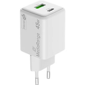 MediaRange Quick Charge Schnellladeadapter MRMA113-2, 45 W, Eurostecker, 1 x USB-C und 1 x USB-A, weiß