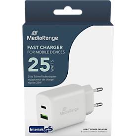 MediaRange Schnellladeadapter 25 W, Eurostecker, USB-A/USB-C, weiß