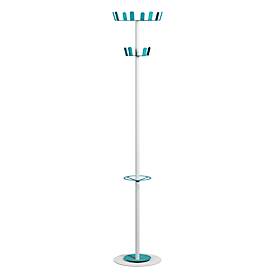 meet by Paperflow Garderobenständer, 12 Haken, mit Schirmhalter & Tropfmulde, B 350 x T 350 x H 1750 mm, Stahl, weiss-blau