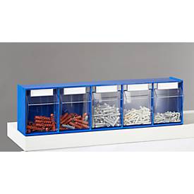 Mehrteiliges Kleinteilelager MultiStore, Größe 5, B 600 x T 110 x H 164 mm, Volumen 5,3 l, stapelbar, Polystyrol, blau/transp.