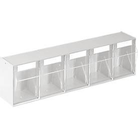 Mehrteiliges Kleinteilelager MultiStore, Größe 5, B 600 x T 110 x H 164 mm, Volumen 5,3 l, stapelbar, Polystyrol, weiß/transp.