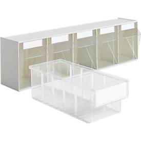 Mehrteiliges Kleinteilelager MultiStore, Größe 5, B 600 x T 110 x H 164 mm, Volumen 5,3 l, stapelbar, Polystyrol, weiß/transp.