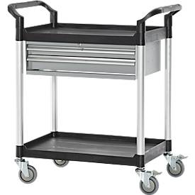 Mehrzweckwagen, 2 Schubladen, 4 TPR-Lenkrollen mit 2 Feststellern, 2 Etagen, L 680 x B 450 mm, Kunststoff/Aluminium, schwarz/alusilber 