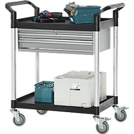 Mehrzweckwagen, 2 Schubladen, 4 TPR-Lenkrollen mit 2 Feststellern, 2 Etagen, L 680 x B 450 mm, Kunststoff/Aluminium, schwarz/alusilber 