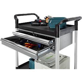 Mehrzweckwagen, 2 Schubladen, 4 TPR-Lenkrollen mit 2 Feststellern, 2 Etagen, L 680 x B 450 mm, Kunststoff/Aluminium, schwarz/alusilber 