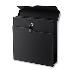 Metzler Briefkasten Hoffmann, großer Einwurfschlitz, 2-seitiges Zeitungsfach, abschließbar, B 370 x T 105 x H 370 mm, Stahl, tiefschwarz RAL 9005