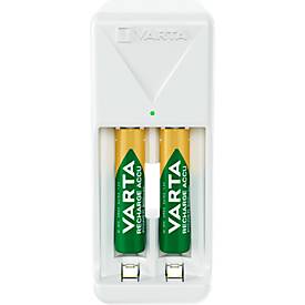 Mini Akkuladegerät für Batterien Varta, 2x AA/AAA, inkl. 2 AA-Akkus, Ladezeit 4,5 h, EU-Stecker, 100-240 V, B 43 x T 63 x H 102 mm, weiß