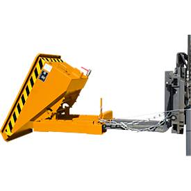 Mini-Spänebehälter Typ EXPO-E 150, Seilzug-Kippvorgang, Inhalt 0,15 m³, bis 750 kg, gelborange RAL 2000