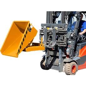 Mini-Spänebehälter Typ EXPO-E 150, Seilzug-Kippvorgang, Inhalt 0,15 m³, bis 750 kg, gelborange RAL 2000