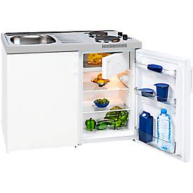 Miniküche KK 1048 A+, 3* Kühlschrank mit 80 l, Duo-Kochfeld 2 x 1500 W, Spüle, Unterschrank mit Flügeltür, weiß