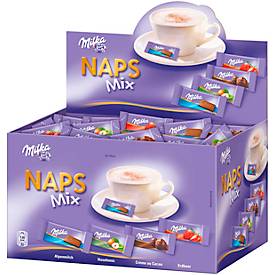 Minischokolade Milka Naps Mix, bestehend aus den Sorten Alpenmilch Schokolade, Alpenmilch-Schokolade mit Kakaocrème, Erd