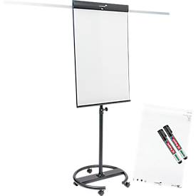 Mobiele flip-over Legamaster Sketch Pro, magnetisch bord, in hoogte verstelbaar, 2 zijarmen, ronde voet, incl. startset, B 680 x H 1050 mm, zwart en wit