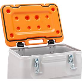 Mobil-Box CEMO, Volumen 170 l, für feste Gefahrstoffgüter Verpackungsgruppe II und III, konform mit ADR/RID/IMDG Code, Klappdeckel, PE, grau/orange