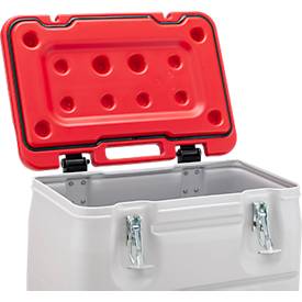 Mobil-Box CEMO, Volumen 170 l, für feste Gefahrstoffgüter Verpackungsgruppe II und III, konform mit ADR/RID/IMDG Code, Klappdeckel, PE, grau/rot