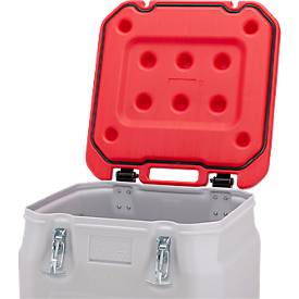 Mobil-Box CEMO, Volumen 250 l, für feste Gefahrstoffgüter Verpackungsgruppe II und III, konform mit ADR/RID/IMDG Code, Klappdeckel, PE, grau/rot