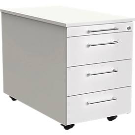 Mobile pedestal Toledo, 3 drawers, utensil drawer, self-closing, pull-out stop, central locking, W 420 x D 800 mm, white