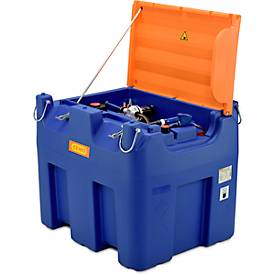 Mobile Tankstelle CEMO Blue-Mobil EASY, mit Membranpumpe CEMATIC BLUE 230 V, 980 l Tank für AdBlue®, Kranösen, Klappdeckel, B 1720 x T 1070 x H 1120 mm
