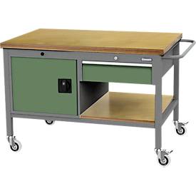 Mobile Werkbank Bedrunka+Hirth, Buche-Multiplex-Arbeitsplatte, 1 Schub/Tür/Fachboden, Schiebegriff, abschließbar, bis 500 kg, B 1250 x T 750 x H 859 mm