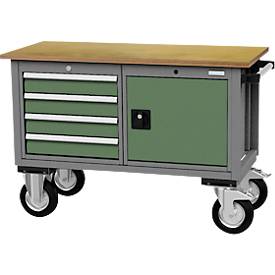 Mobile Werkbank Bedrunka+Hirth, Buche-Multiplex-Arbeitsplatte, 4 Schübe & Flügeltür, Schiebegriff, abschließbar, bis 500 kg, B 1200 x T 540 x H 820 mm