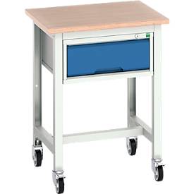 Mobile Werkbank Bott verso, Multiplex-Platte, mit Querstrebenset, 1 Schublade, B 700 x T 600 x H 930 mm, Lichtgrau / Enzianblau