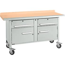 Mobile Werkbank Schäfer Shop Select PWi 150-0, Buche Multiplexplatte, mit Stahlkante, bis 400 kg, B 1500 x T 700 x H 840 mm