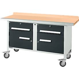 Mobile Werkbank Schäfer Shop Select PWi 150-0, Buche Multiplexplatte, mit Stahlkante, bis 400 kg, B 1500 x T 700 x H 840 mm